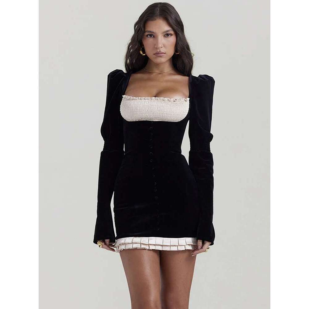 Mozision Elegant Long Sleeve Backless Sexy Mini Women Autumn Winter New Patchwork Square Collar Bodycon Club Party Dress