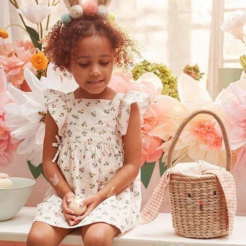 Rattan Bucket Bag For Children's&Adults,Beach Straw Bag,Shoulder Messenger Basket Bag,Handbag With Bunny Ears