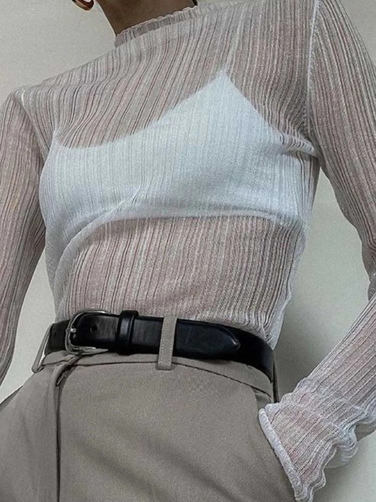 Fall Elegant See Through Long Sleeve Mock Neck Women Tops Fashion Streetwear Sexy TShirts Tees Slim Clothes 250513