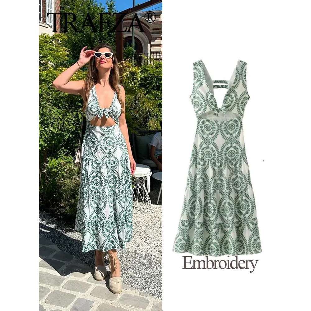 TRAFZA Woman Summer Long Dresses Green Embroidery Sleeveless Sexy Backless Dress Female Beach Style For Holiady Vestidos