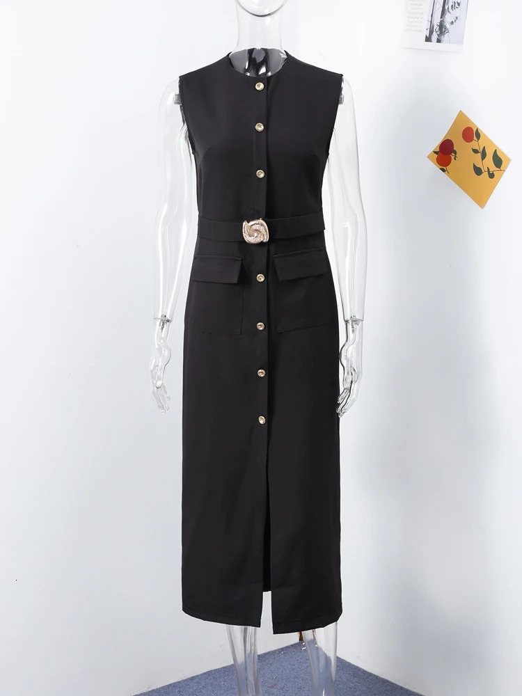 Black Elegant Long Dress With Belt Women Slim Single Breasted Front Split Sleeveless Female Dresses Summer Lady Vestido 250513