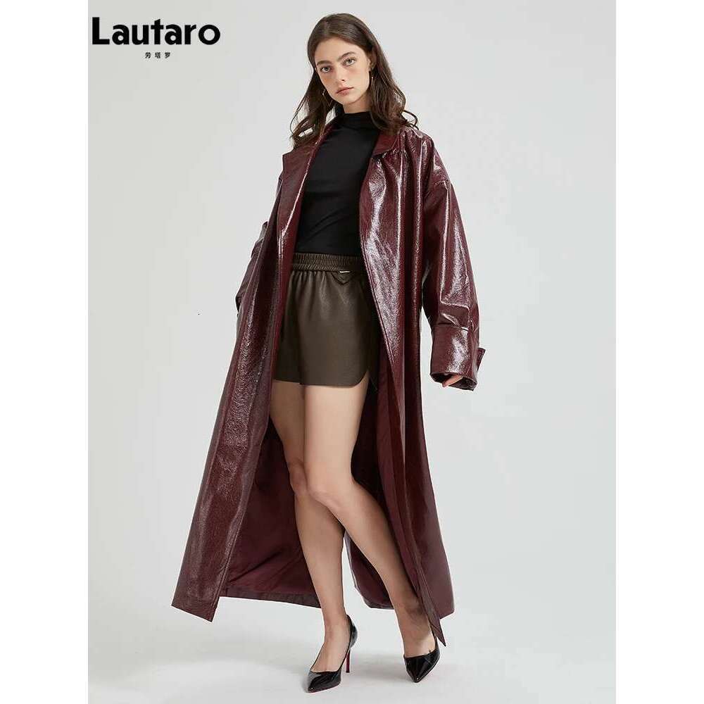 Lautaro Spring Autumn Extra Long Bury Pu Leather Trench Coat for Women with Belt Elegant Designer Maxi Overcoat 2024
