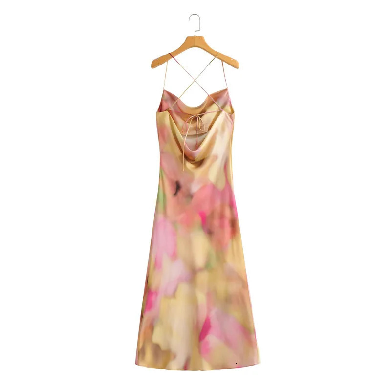 ZBZA Womens Satin Texture Printed Dress Swing Collar Backless Aline Midi Skirt Spring and Summer Casual Chic Long 250513