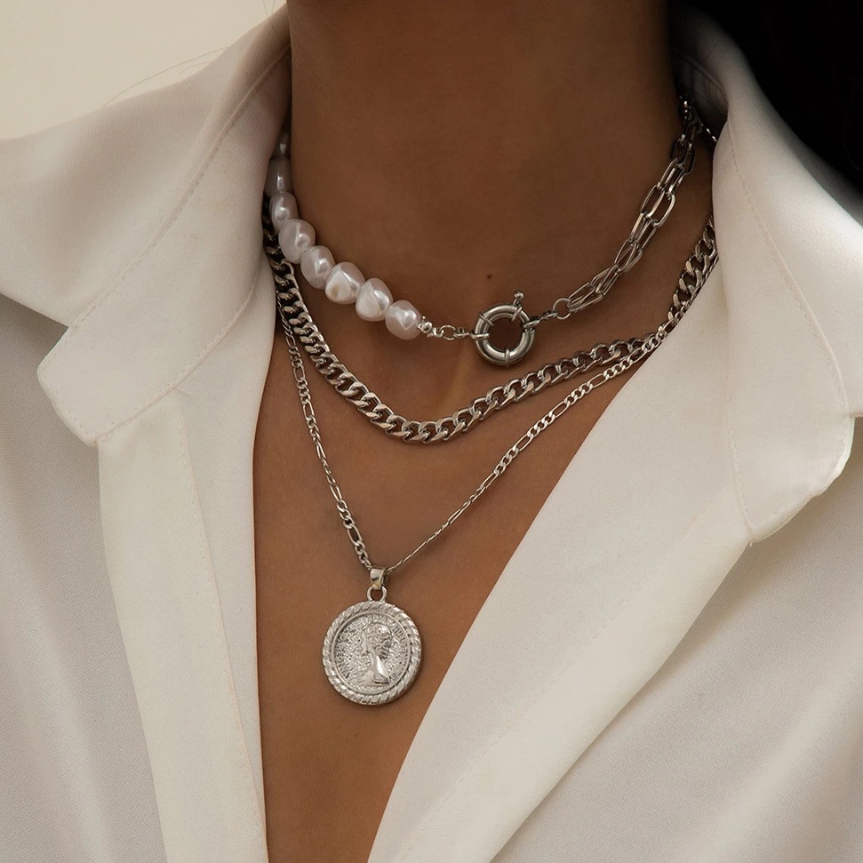 Trendy Multi-Layered Necklace with Coin Pendant & Pearls, Stylish Gold Silver Layered Chain Jewelry for Women