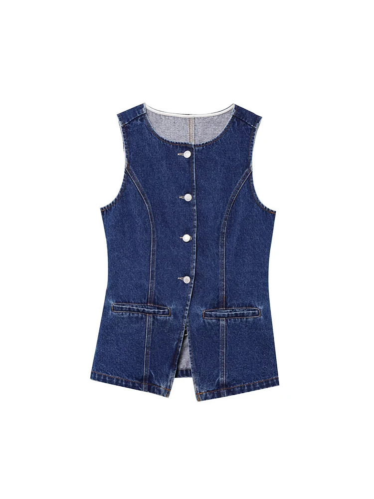 Women Summer Denim Vests Coats 2025 Fashion Solid ONeck Single Breasted Female Elegant Street Slim Waistcoat Outerwear 250506