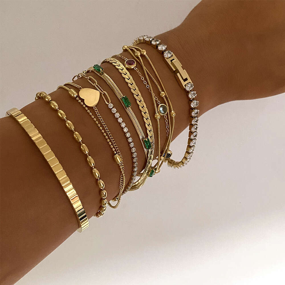 Fashion Stainless Steel Stacked Bracelet with Zircon Heart Pendant Minimally Designed Handmade Set for Men's and Women's Bracelet Jewelry