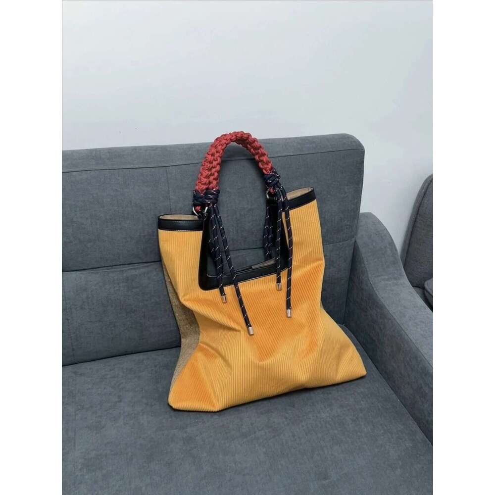 Autumn And Winter New Corduroy Tote Retro Large-Capacity Shoulder Spliced Rope Knot Commuter Bag, Handbag