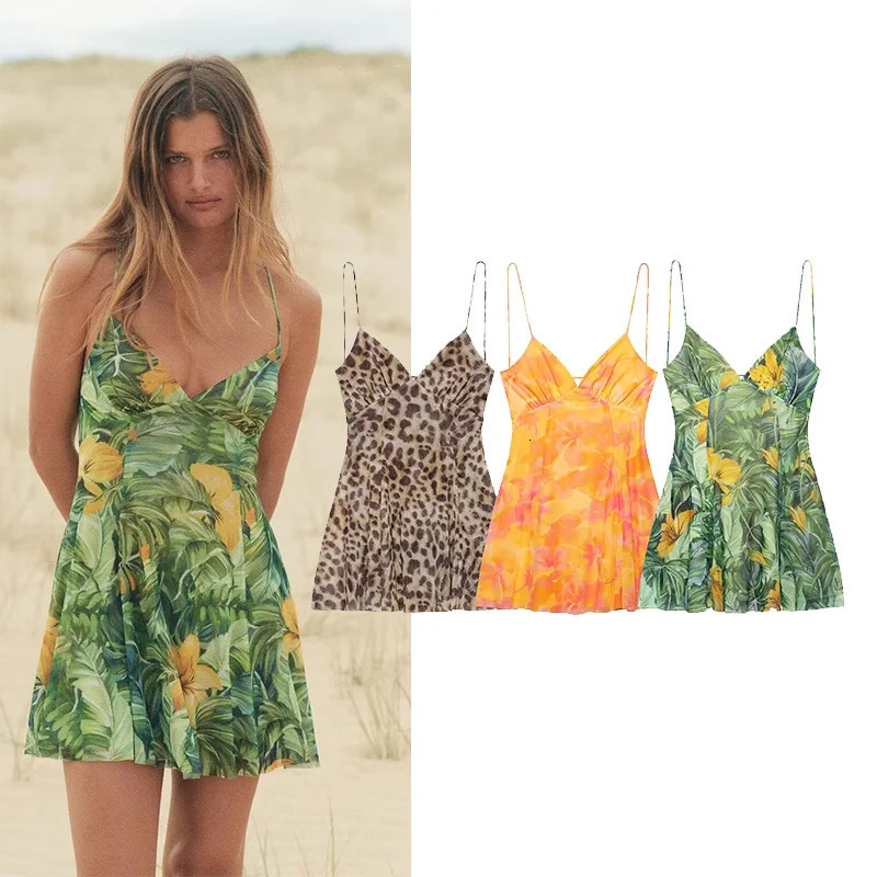 HipSeam Women Print Short Dress Spring Casual Spaghetti Strap Womens Tulle Mini Pleated Backless Female Dresses 250513