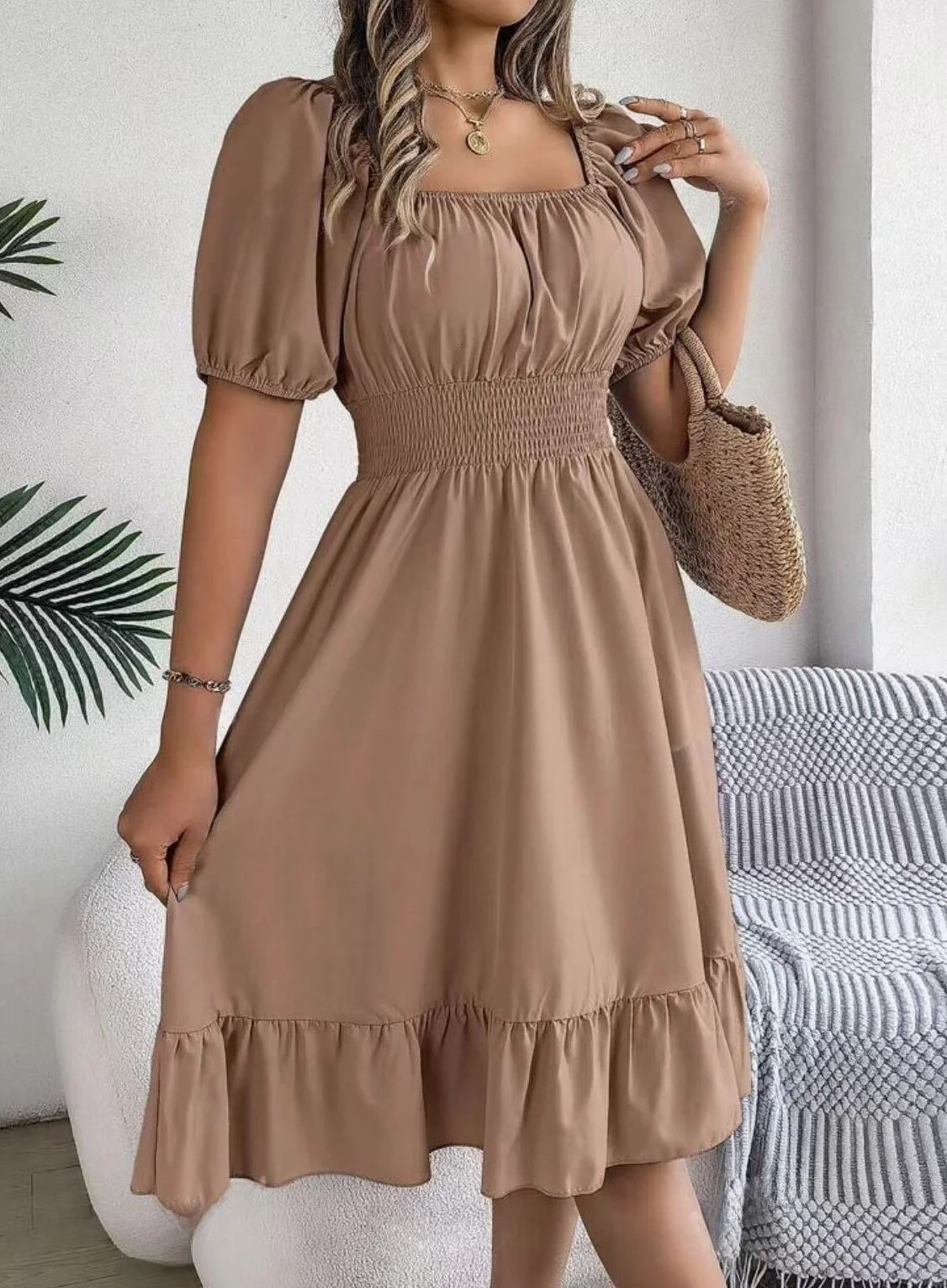 European and American spring summer casual square neck short sleeve gathering waist lotus leaf edge temperament dress 250513