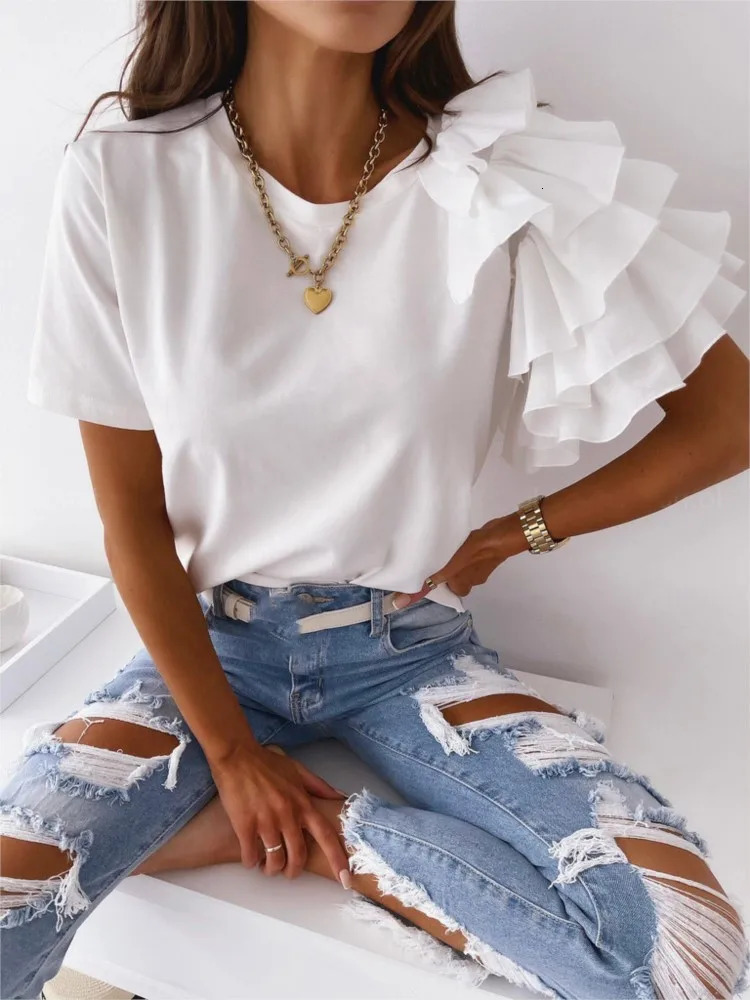 Summer Simple Fashion Womens Tshirt Ruffled Shortsleeved O Neck Elegant Casual Top T Shirts Tshirts Women Clothes 250513