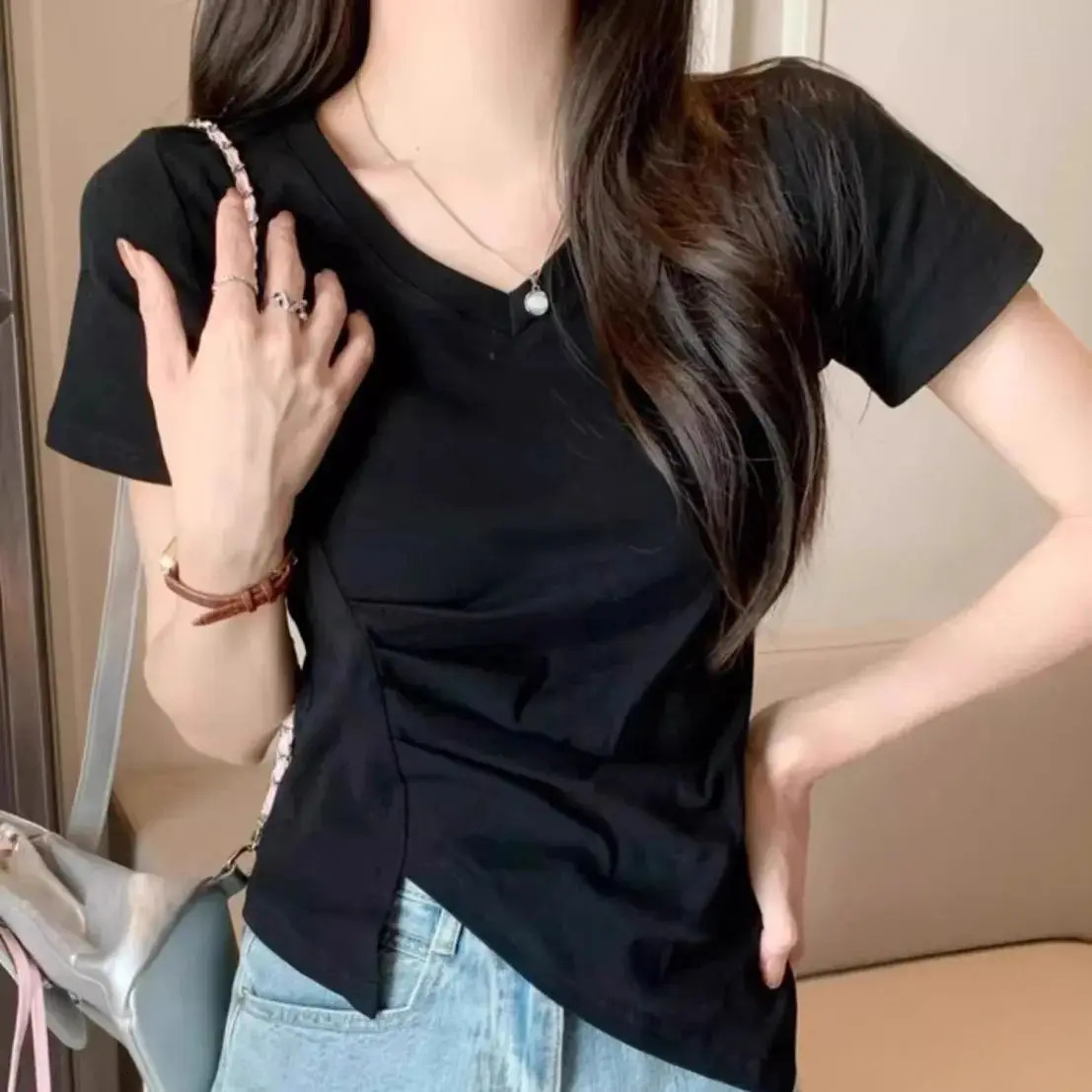 Pink Black Simple Solid Vneck Top Irregular Cinched Waist Slit Short Sleeved Tshirt Crop Wrinkled For Women Clothes Allmatch 250513