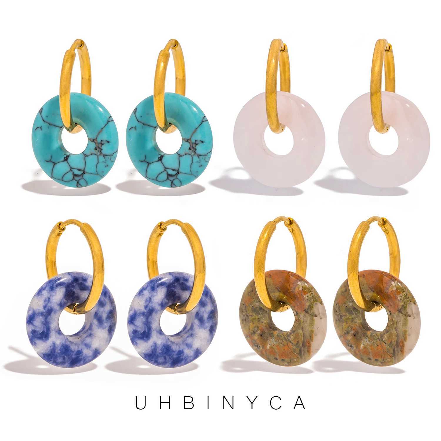 UHBINYCA Natural Agate Stone Charms Hoop Earrings for Women Girls Stainless Steel Waterproof High-quality Daily Jewelry Y250510