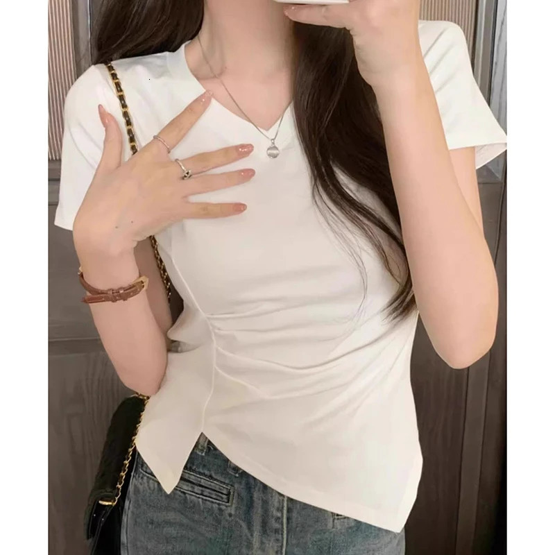 Pink Black Simple Solid Vneck Top Irregular Cinched Waist Slit Short Sleeved Tshirt Crop Wrinkled For Women Clothes Allmatch 250513