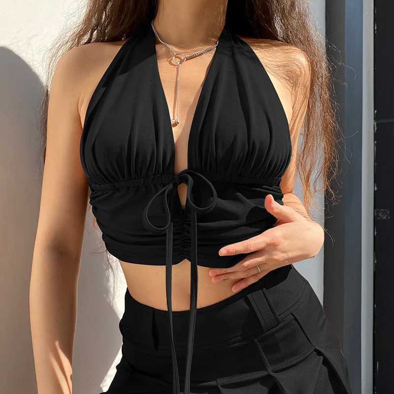 Women Sexy Tank Top Wrap Deep V Neck Off The Shoulder Halter Backless Bare Midriff Camis Tube Top Female Sleeveless Cropped Vest M250513