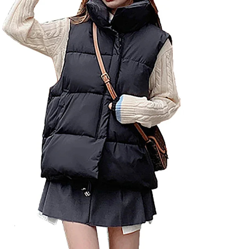 Women Casual Puffer Jackets Zipper Thicken Warm Jacket Mock Neck Pocket Solid Thermal Coat Vest For 2023 Fall Winter 250506