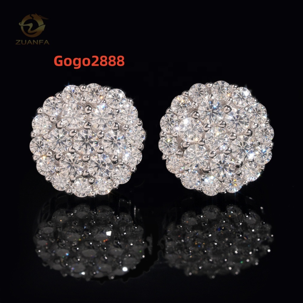 New Arrival Hip Hop Cluster Diamond Round Shape Screw Back 925 Silver Moissanite Sstud Earring