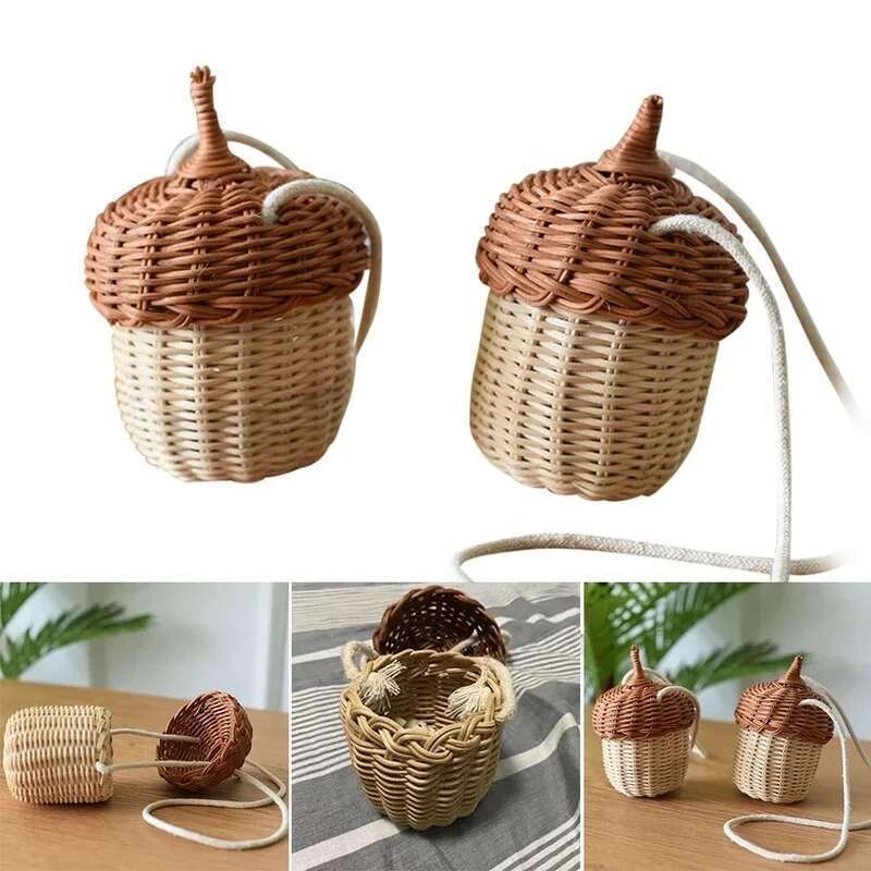 New Acorn-Shaped Storage Basket Hand-Woven Round Rattan Bucket Tropical Beach Style Woven Shoulder Bag Photo Props