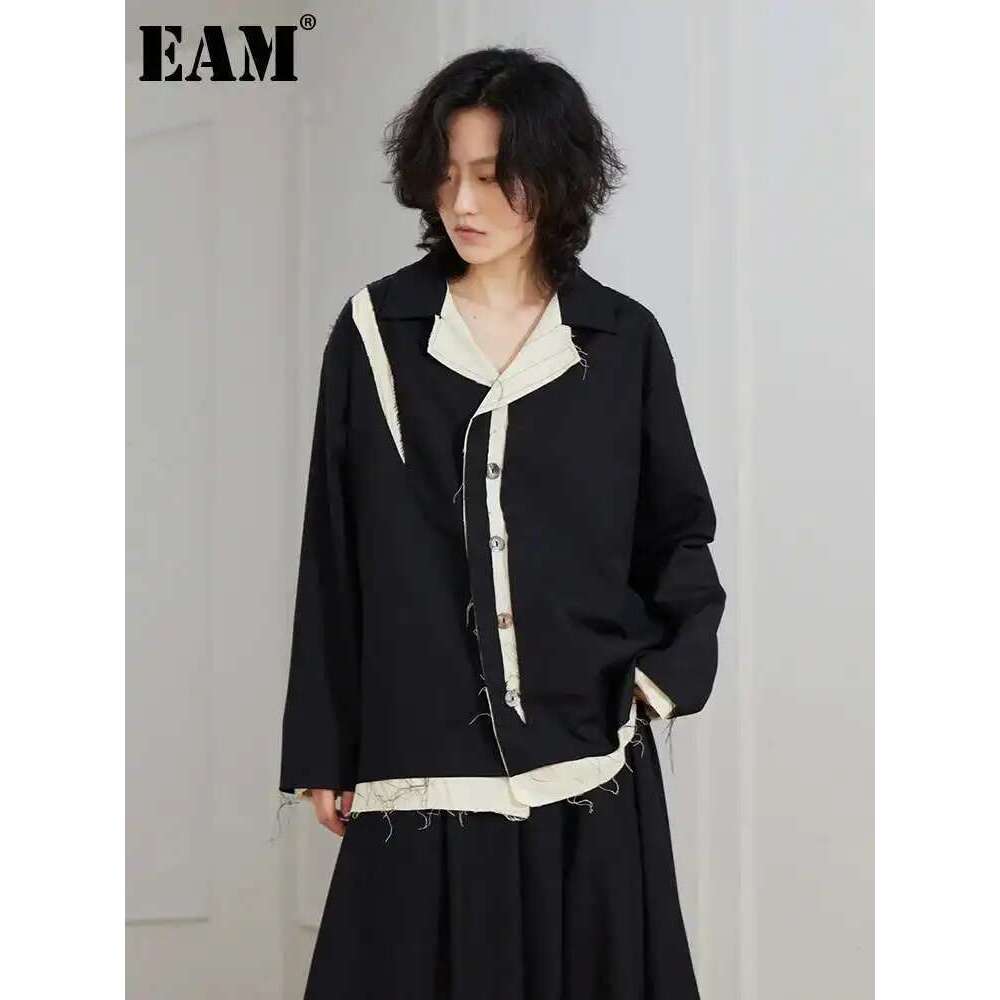 EAM Women Color-block Burr Big Size Black Blouse New Lapel Long Sleeve Loose Fit Shirt Fashion Tide Spring Autumn 2025 1DF3955