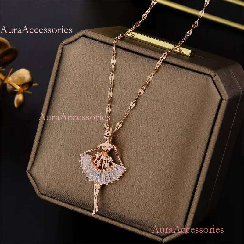 Hot Selling Gold Plated Zircon Dia Skirt Ballet Dancing Girl Pendant Necklace Jewellery for Girls Women