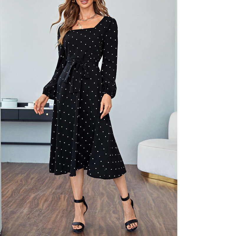Wave dot print U-neck dress new sleeved temperament, waist cinching and swinging long skirt