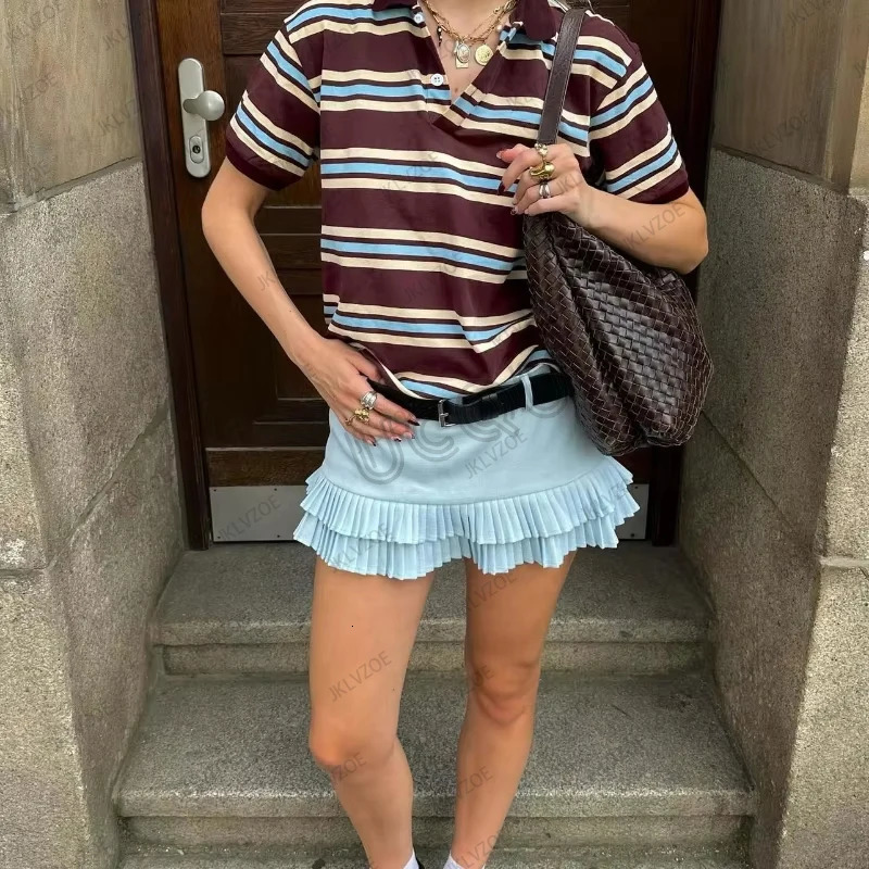 Summer Womens Striped Printed Polo Shirt Short Sleeve Lapel Tees Ladies Clothes Casual Oversized Loose Streetwear Y2K Tops 250513