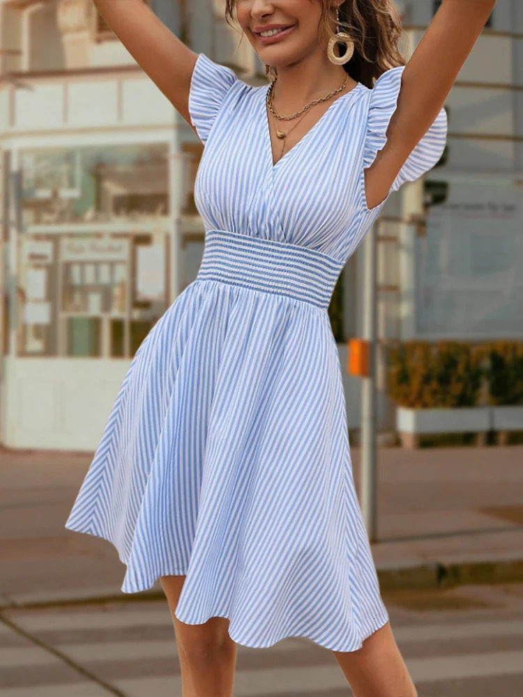 Elegant Summer Womens Dress VNeck Fashionable Casual Blue Striped Beach Vacation Comfortable Sexy Ladys Temperament 250513