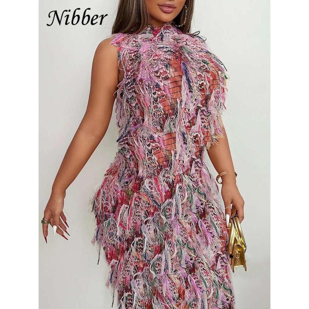 Nibber Colorful Tassel Dress Women Autumn Turtleneck Sleeveless High Waisted Elastic Trend Street Night Club Pretty Long Bodycon
