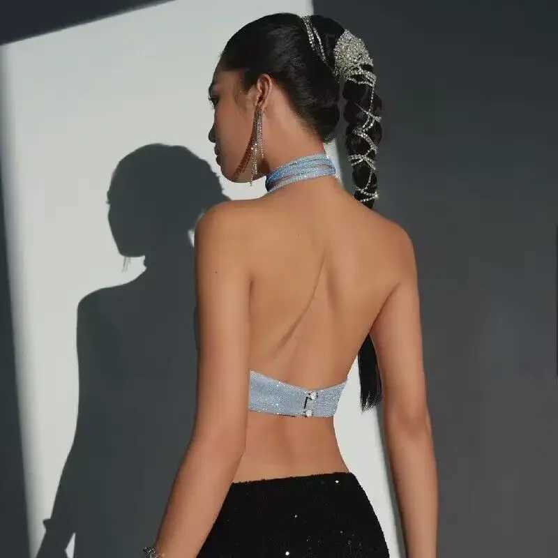 Y2K Shiny Backless Tank Top Sexy Deep V Neck Strappy Halter Cropped Top Irregular Shape Tight Slim Fit Womens Camisole2473# M250513