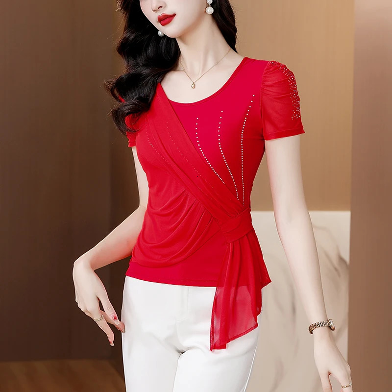 Summer Clothing Round Neck Short Sleeve T Shirt Casual Women Tops Slim Diamond Mesh 250513