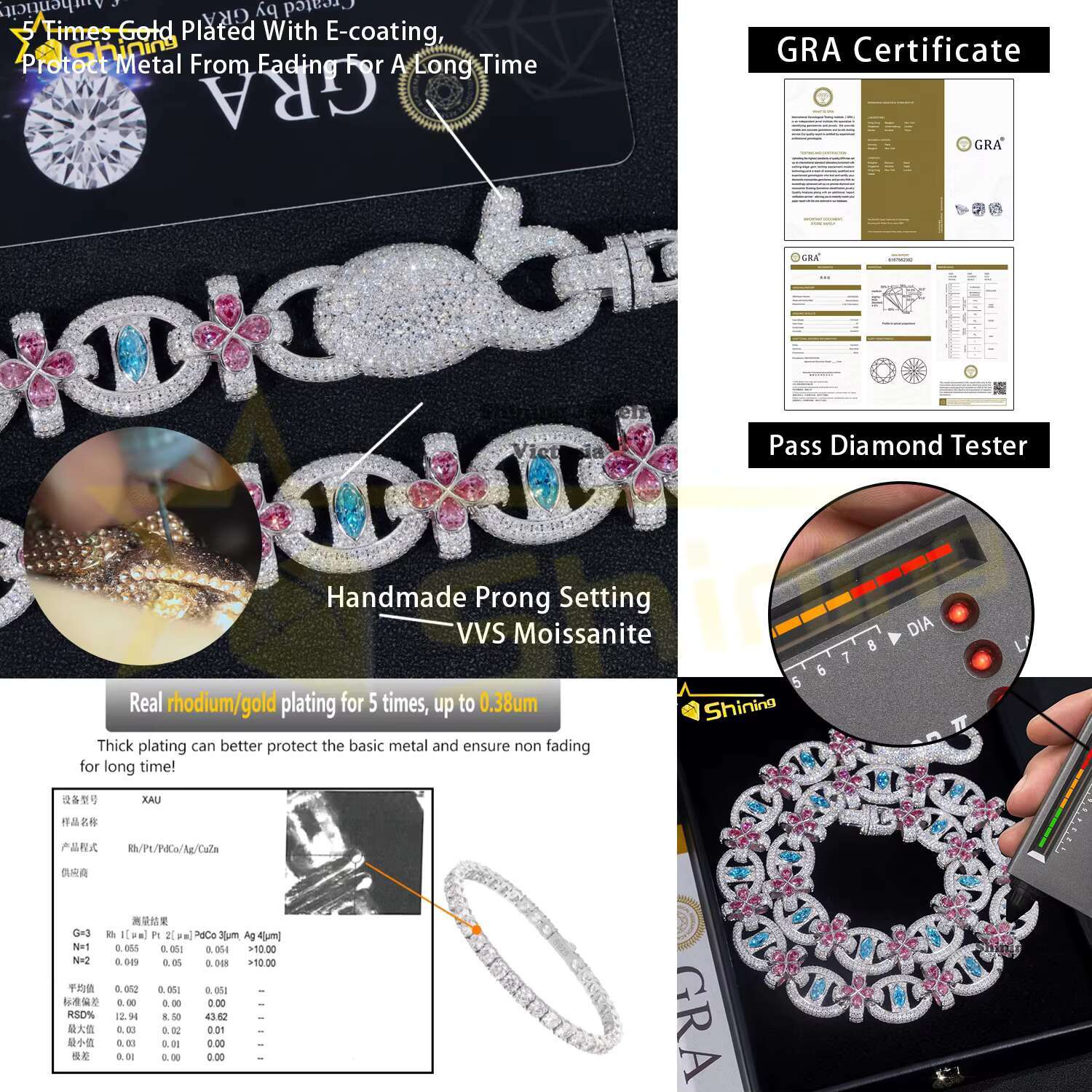 Hip Hop Jewelry 925 Silver Baguette Charm Iced Out VVS Moissanite Cuban Link Bracelet