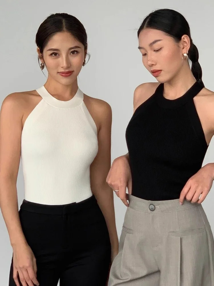2025 Summer Slim Render Short Top Sexy Women Sleeveless Halter Tank Tops Solid BlackWhite Crop Vest Wholesale 250506