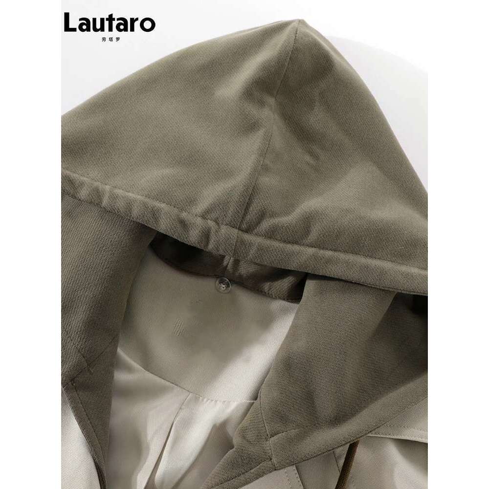 Lautaro Spring Autumn Flowy Casual Trench Coat for Women Belt Double Breasted Loose Designer Fake 2 Pieces Clothes 2024