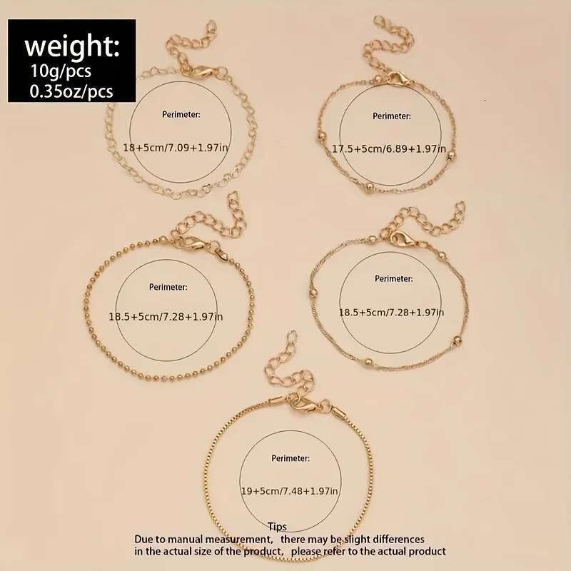 5 Pcs Set Of Tiny Golden Design Bracelet Zinc Alloy Jewelry Elegant Leisure Style For Women Daily Stackable Hand Chain