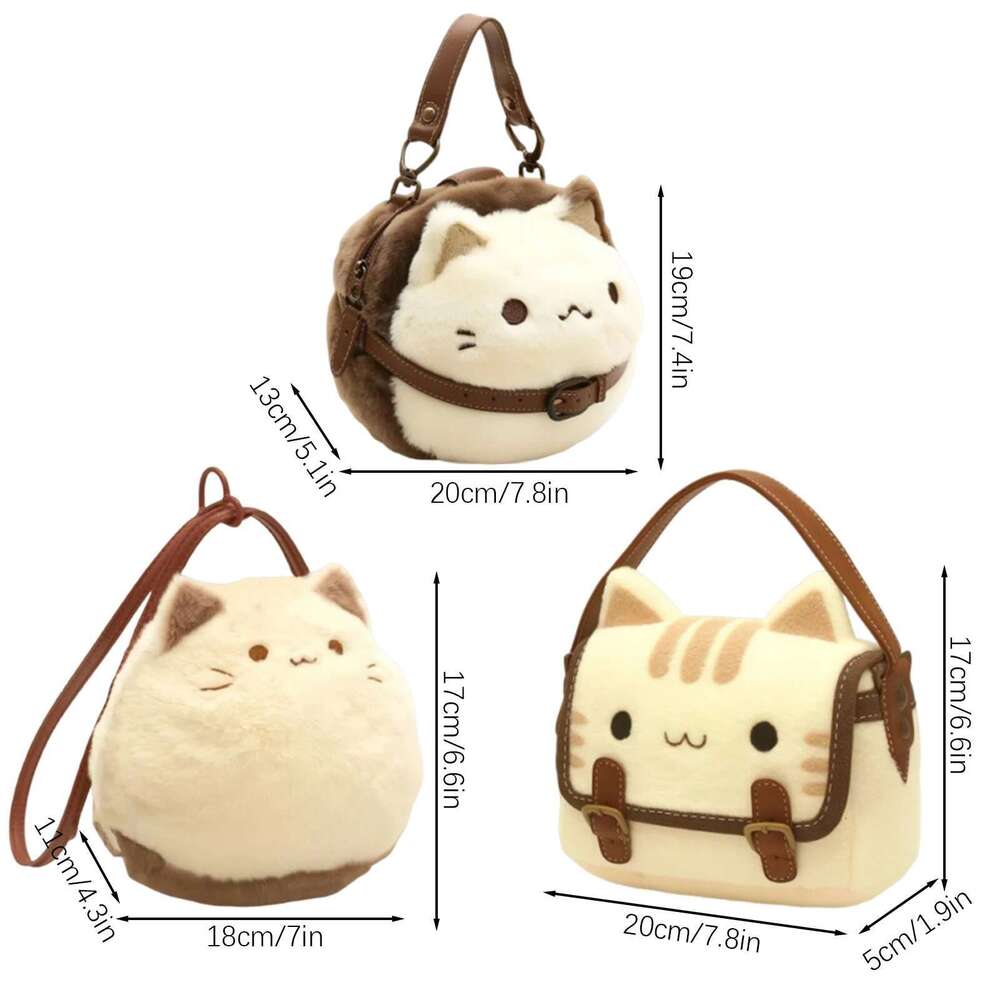 Cute Plush Cat Handbag Adorable Stuffed Animal Hand-Made Backpack Large Capacity Shoulder Bag Cartoon Daypack For Kids Girls
