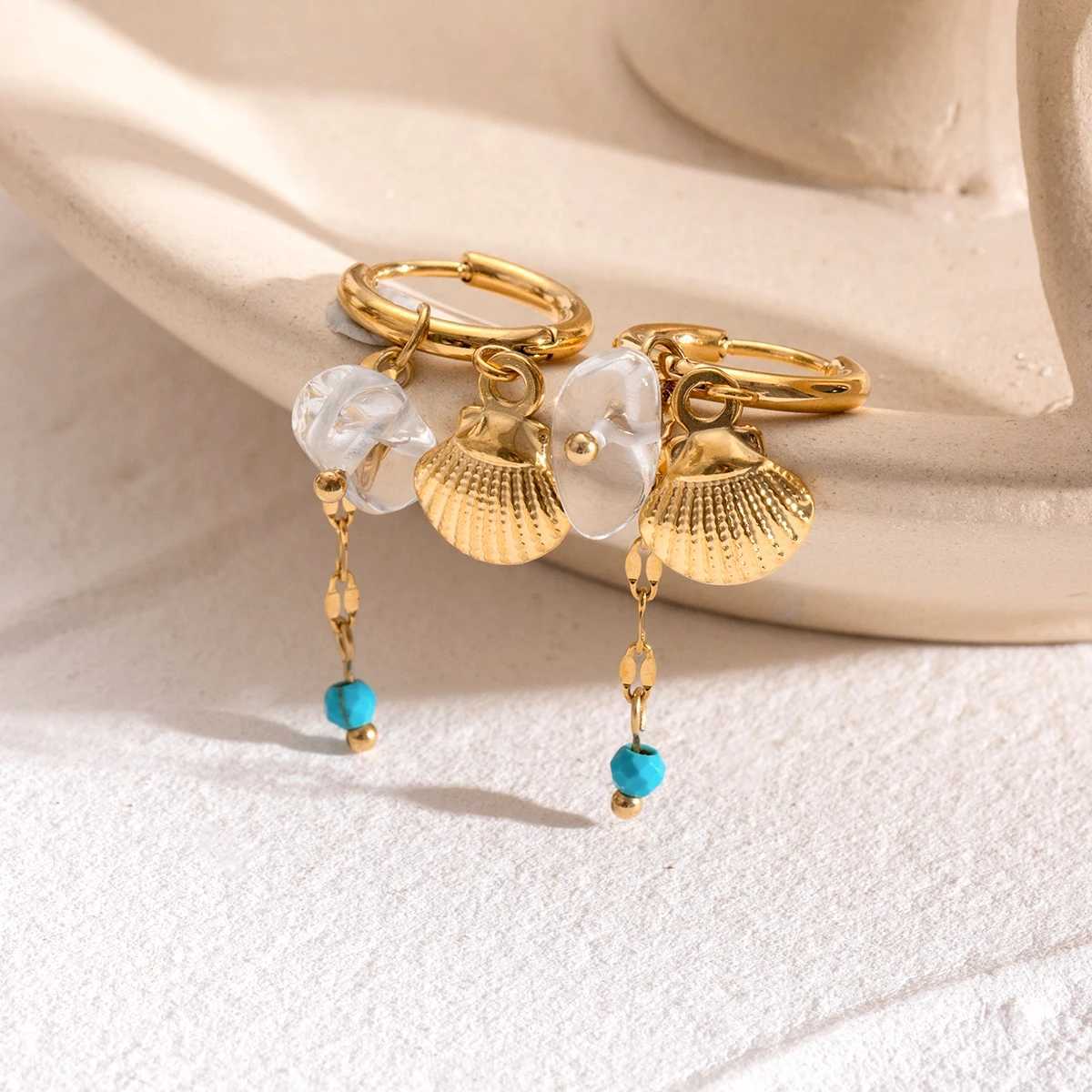 Natural Stone Shell Buckle Hoop Earrings Stainless Steel Metal 18K PVD Gold Plated Women Prevent Allergy Delicate Jewelry Y250510