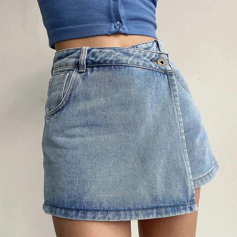 Summer Highwaisted Slimming Denim Skirt For Women Versatile Unique Fashionable Exposureproof Irregular A line Shorts 250513