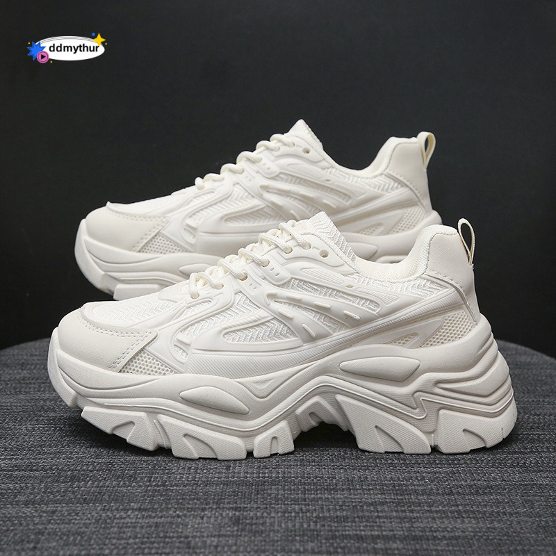 2025 New Short Dad Women's Summer Breathable Sports Mesh Thick soled Fashionable Casual White Shoes ddmythur