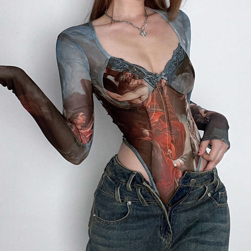 Wind Spring/Summer New Product Mesh Butterfly Print High Waist Long Sleeve Slim Fit Jumpsuit Spicy Girl Street Top B5