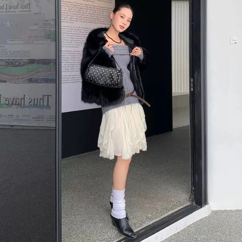 Deeptown Korean Style Lace Tulle Skirt Women Fairycore Sweet Elegant Ruffle Skirts Vintage Streetwear Irregular Layered 250513