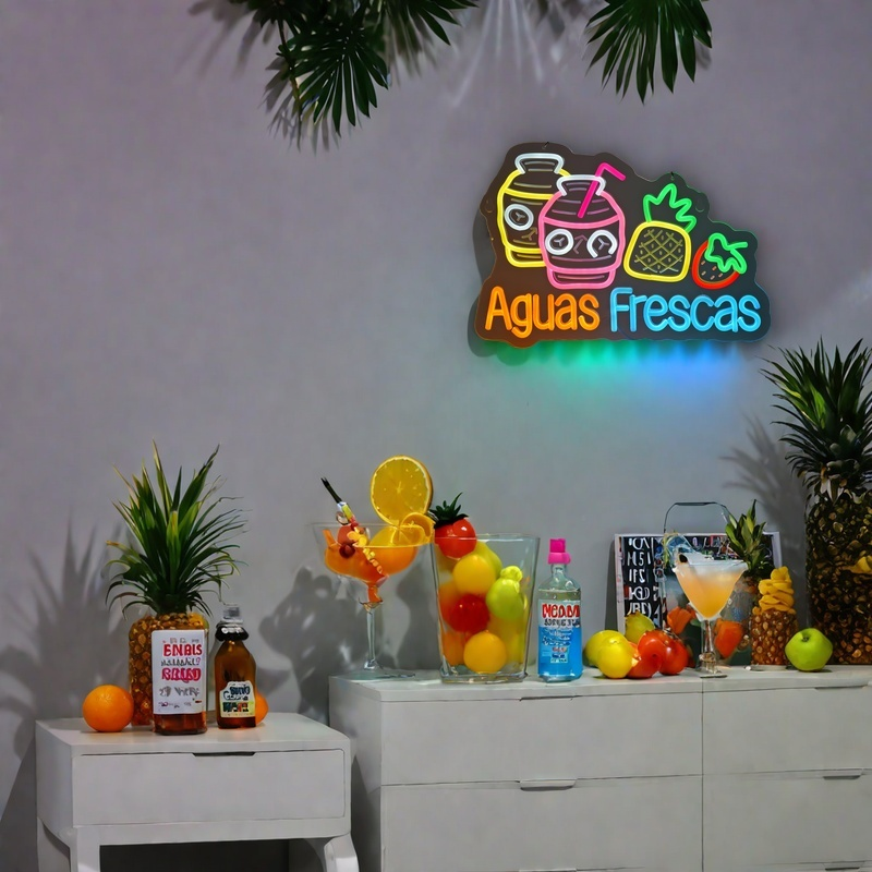Aguas Frescas Neon Sign, Neon Lights Hanging Wall Art Decoration for Restaurant Store Food Stand Shop Bar Pub Market Party Home Decor, USB Powered Ult