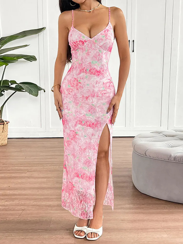 Summer Women Sling Dresses Streetwear Fashion Pink Print Split Dress Sexy Backless VNeck Elegant Lady Club Party 250513