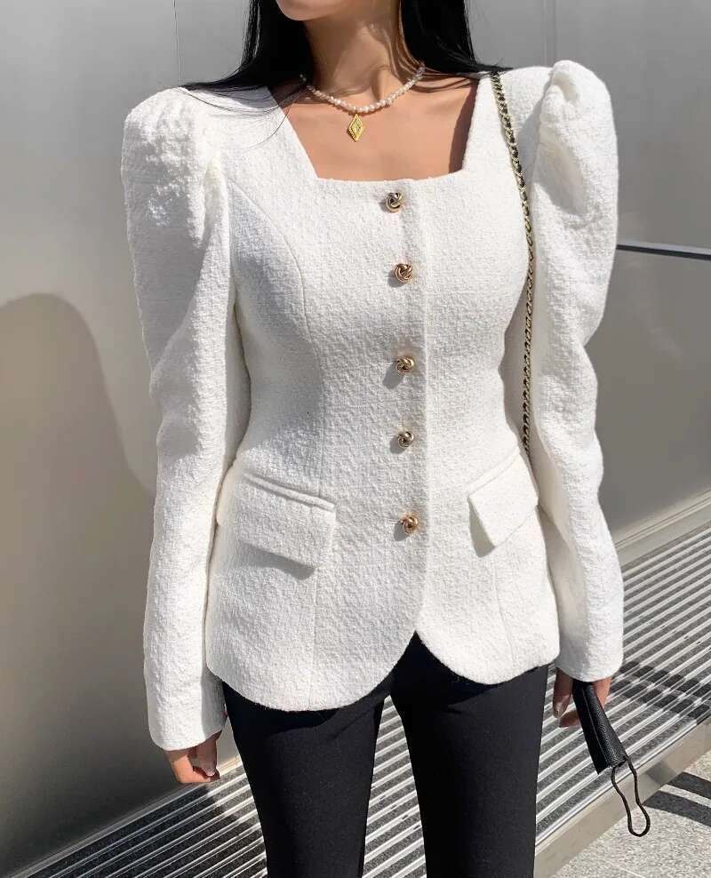 Tweed Square Neck Slim Fit Single Breasted Jacket Top Winter Clothes Women Ropa Mujer New Autumn Elegant Chaquetas Coats