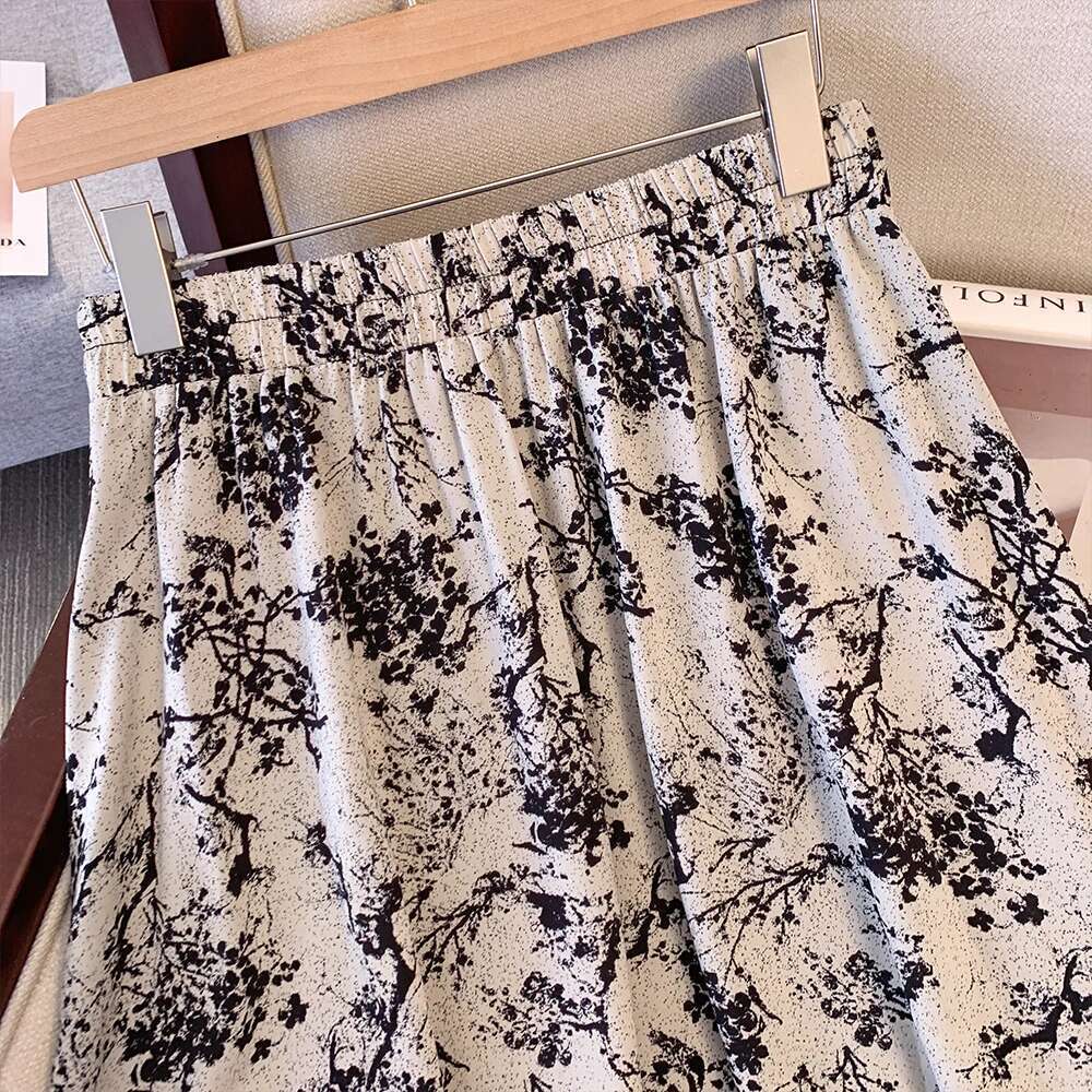 Plus size women's summer casual Polyester fabric loose comfortable retro Chinese print simple design A-line skirt