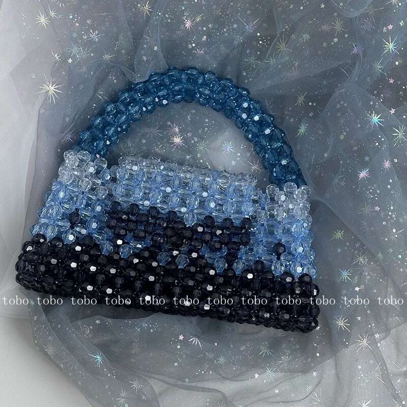 Gradient Blue Beaded Own Design Tote Bags Women Customized Color Fashion Handbags For 2022 Chain Handle Clutch Evening Bag