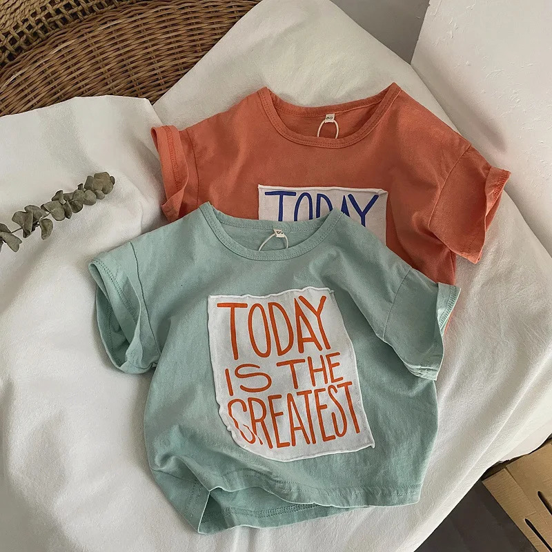 Summer Children Boys T-shirts Cotton Letter Patchwork Infant Baby Boys Tees Loose Round Collar Toddler Kis Boys Short Sleeve Top 250512