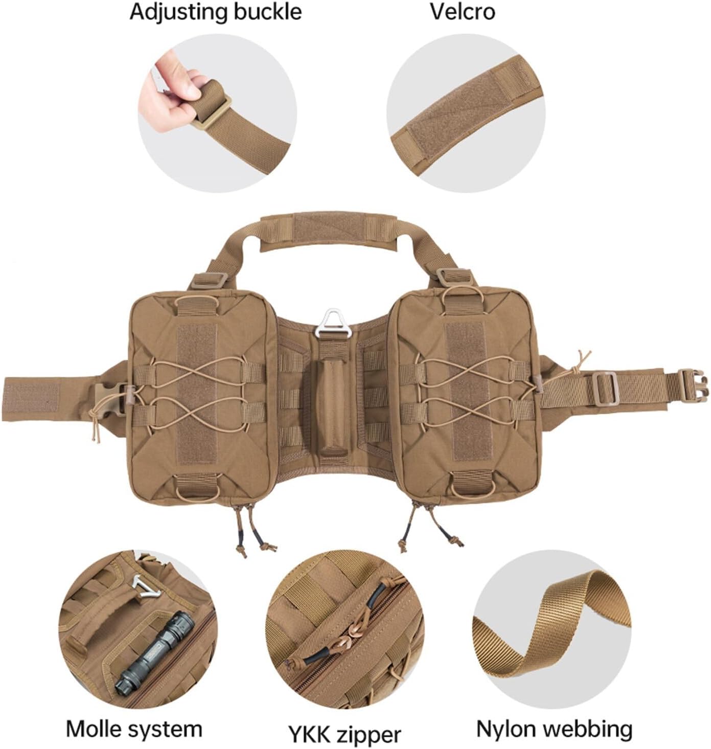 Dog Saddle Backpack bag for Medium Large Dogs to Wear, Nylon Backpack for Dogs Tactical Pet Backpack with Side Pockets for Hiking Walking Training Run