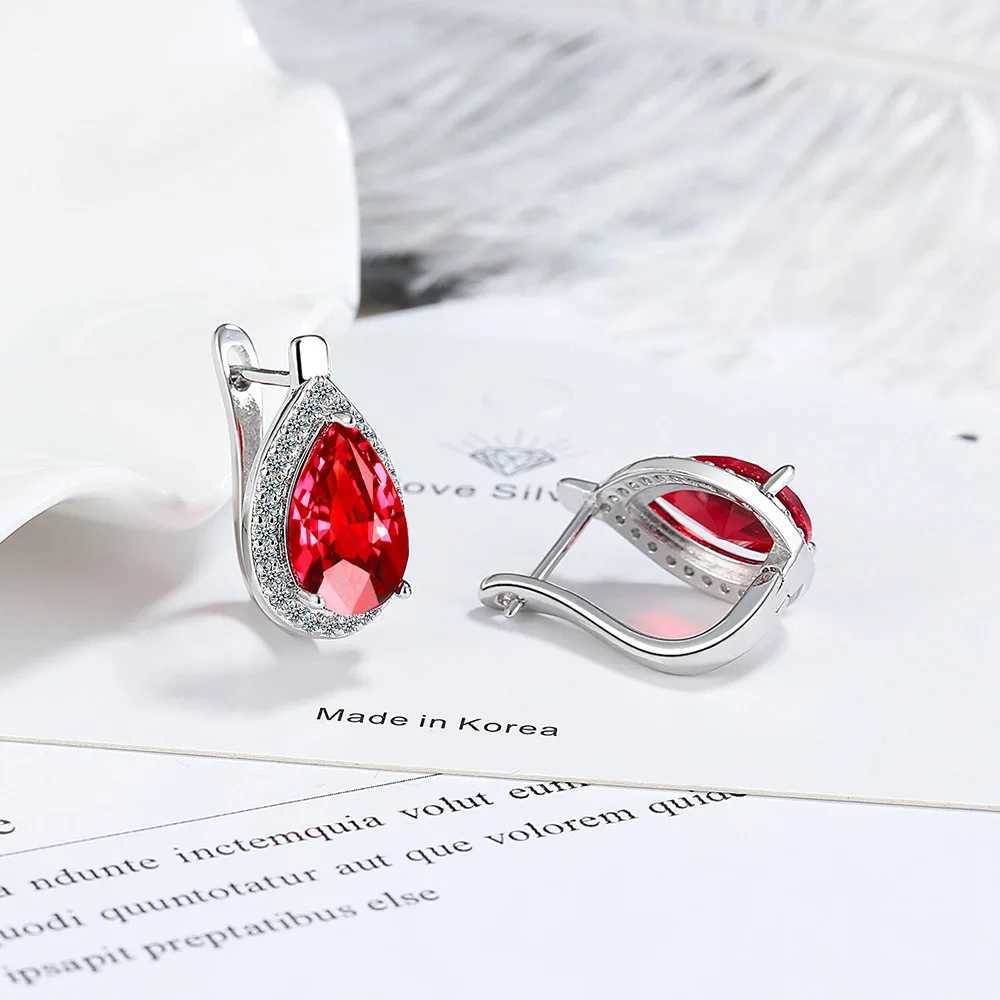 Ins Pear Cut Blue Black Green Red Zircon Hoop Earrings For Women Silver Color Small Ear Buckle Wedding Party Versatile Jewelry Y250510