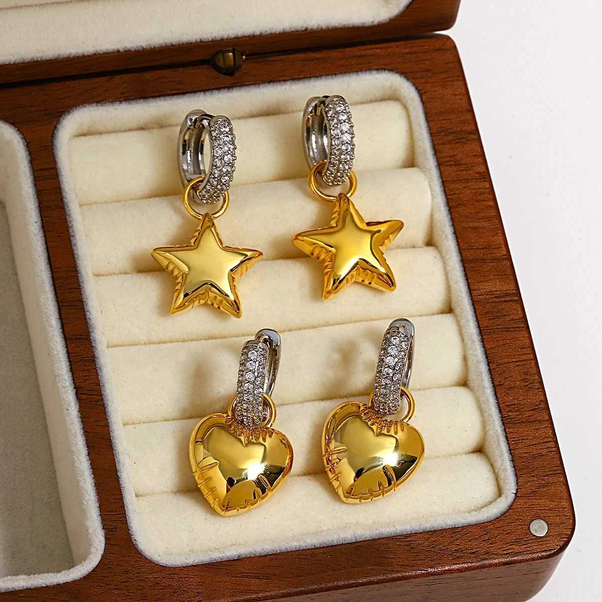 New Vintage Asymmetric Zircon Heart Star Hoop Earrings for Women Luxury Micro Inlaid Crystal Gold Silver Color Earrings Jewelry Y250510