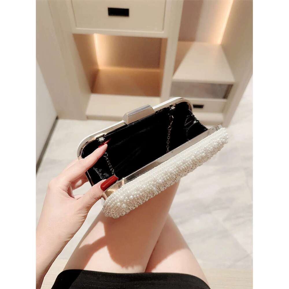 Pearl Square New Box Type Beaded Clutch Chain Banquet Evening Dress Wedding Bag