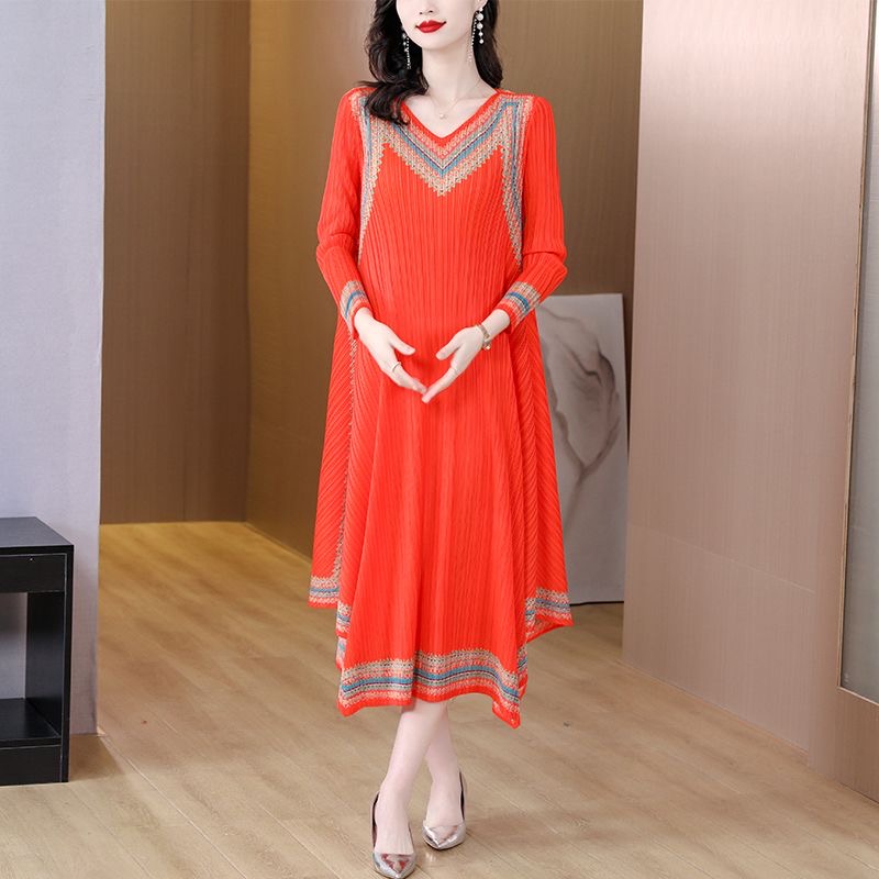 Large size women's retro printed dress female summer new temperament slim medium long skirt D02345